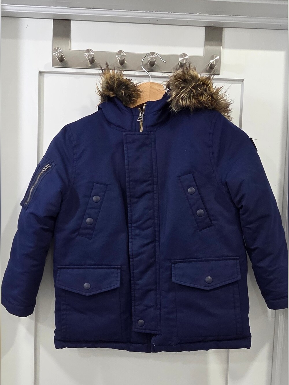 Polo by Ralph Lauren Navy Blue Puffer Jacket with Faux Fur Trim